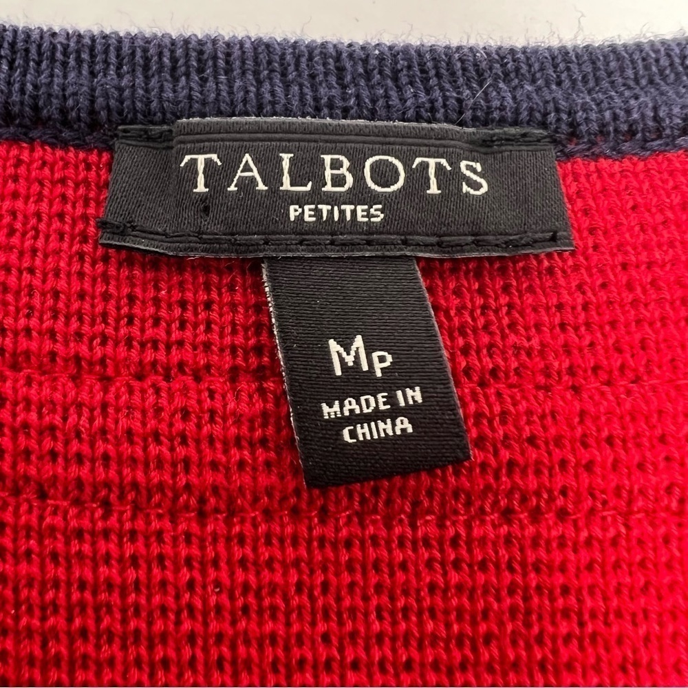 Talbots Cardigan Sweater Red Navy Trim 3/4 Sleeve Pockets Heavy Knit Size Med P - Picture 9 of 12